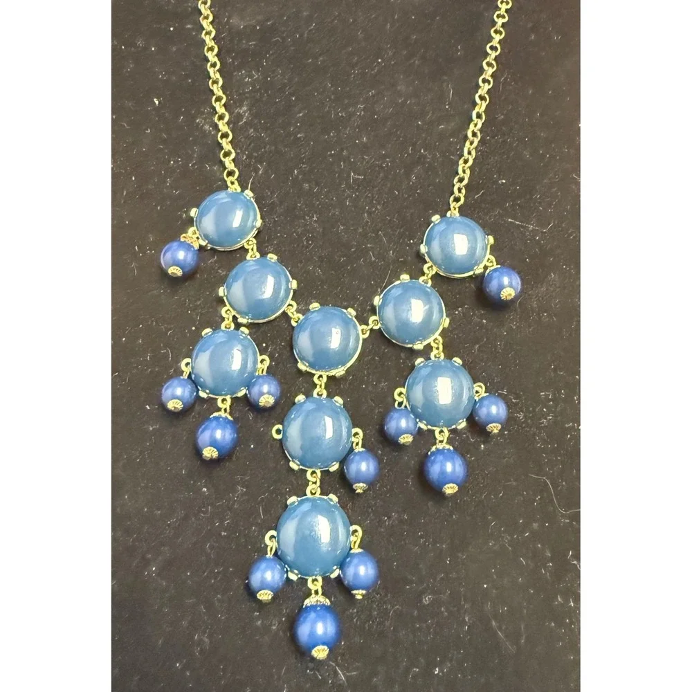 Blue Cabochon‎ Statement Bib Necklace Gold Tone Tiered Bead Drop Adjustable